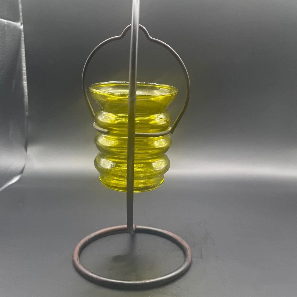 Vintage Green Ribbed Glass Hanging Votive‎ Candle Holder with Metal Stand 9 Inch